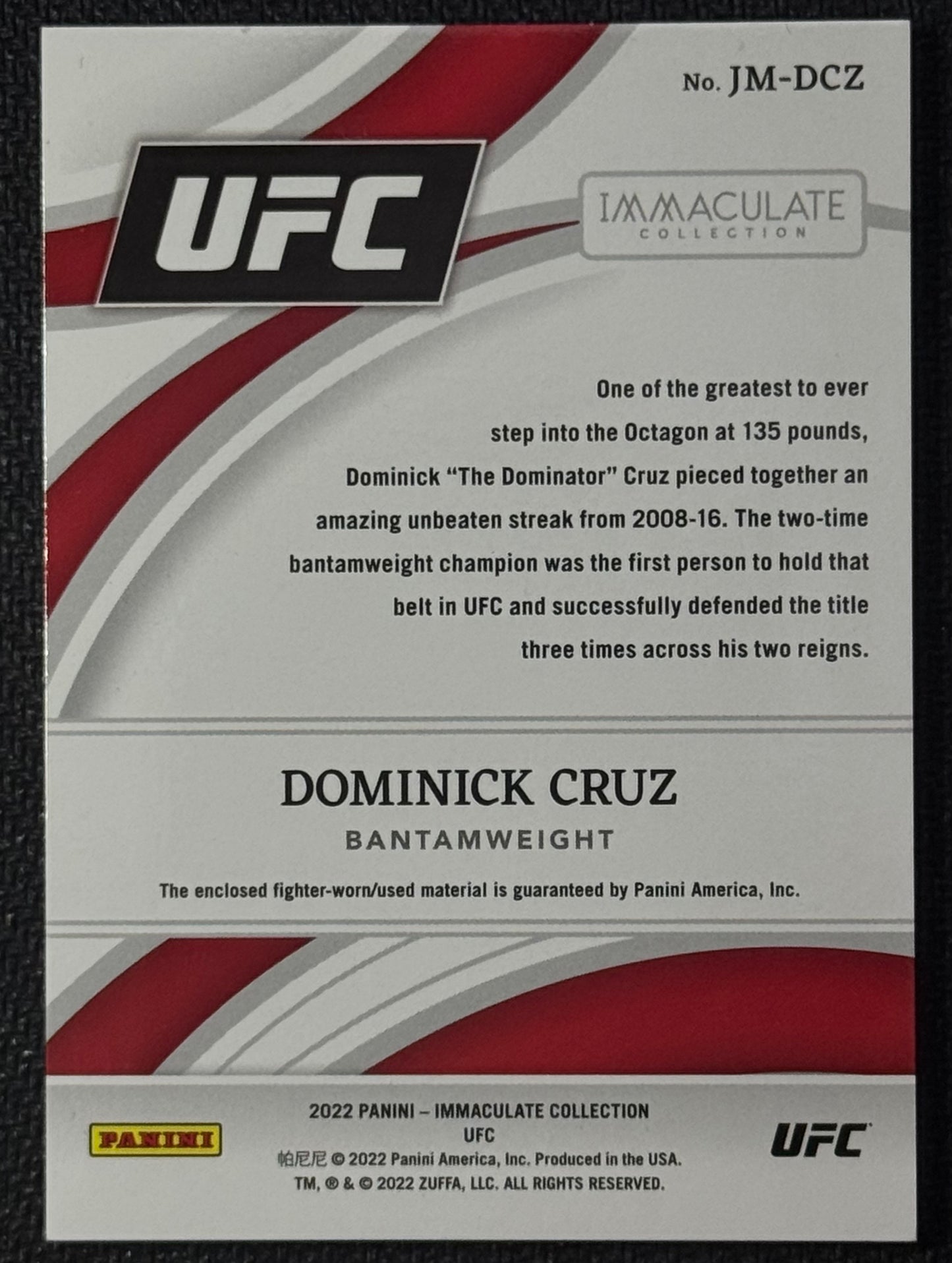 2022 UFC Immaculate UFC Dominick Cruz Fighter Worn Jesey Patch #/4