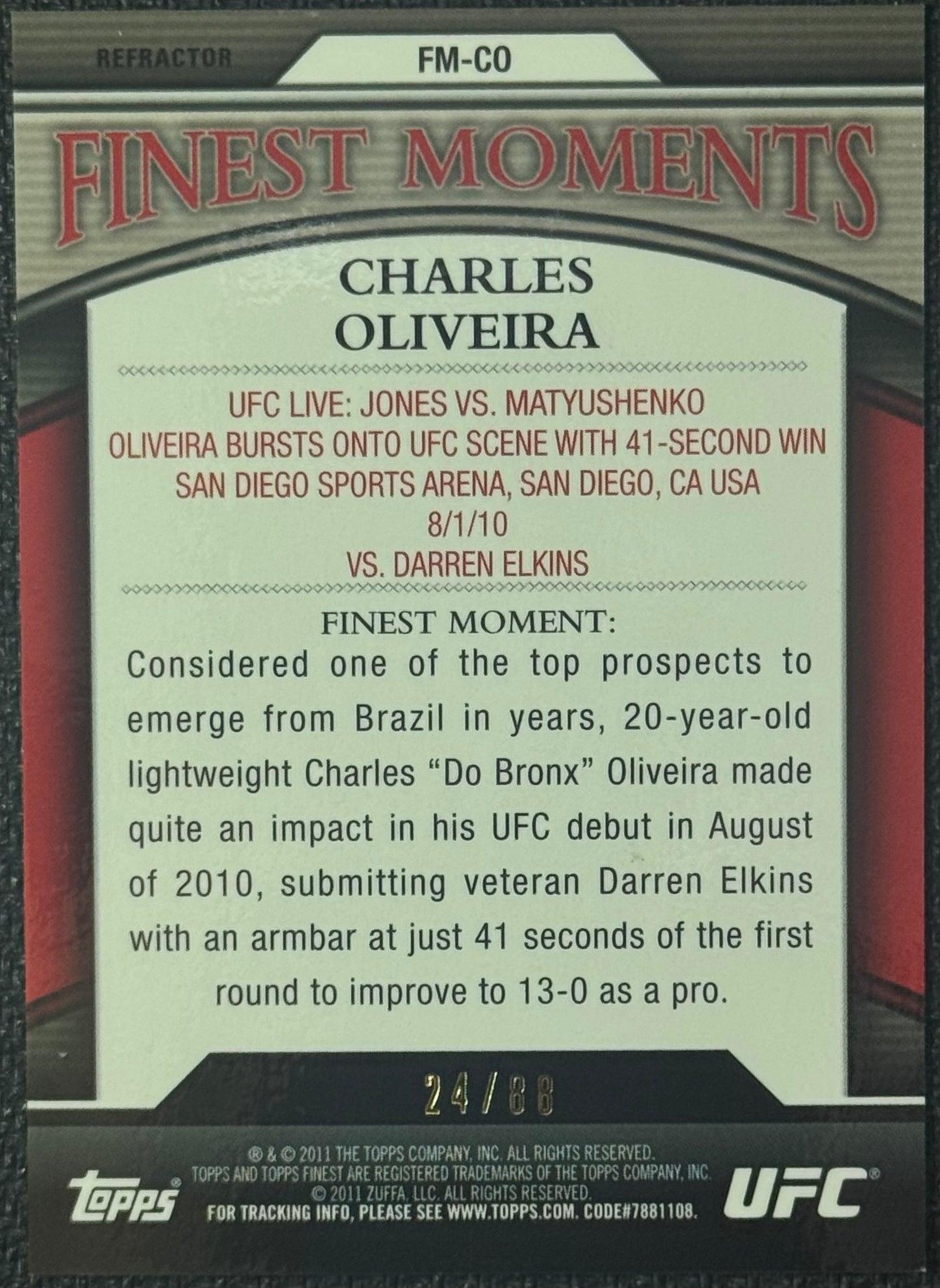 2011 Topps Finest UFC Finest Moments Charles Oliveira Gold #/88