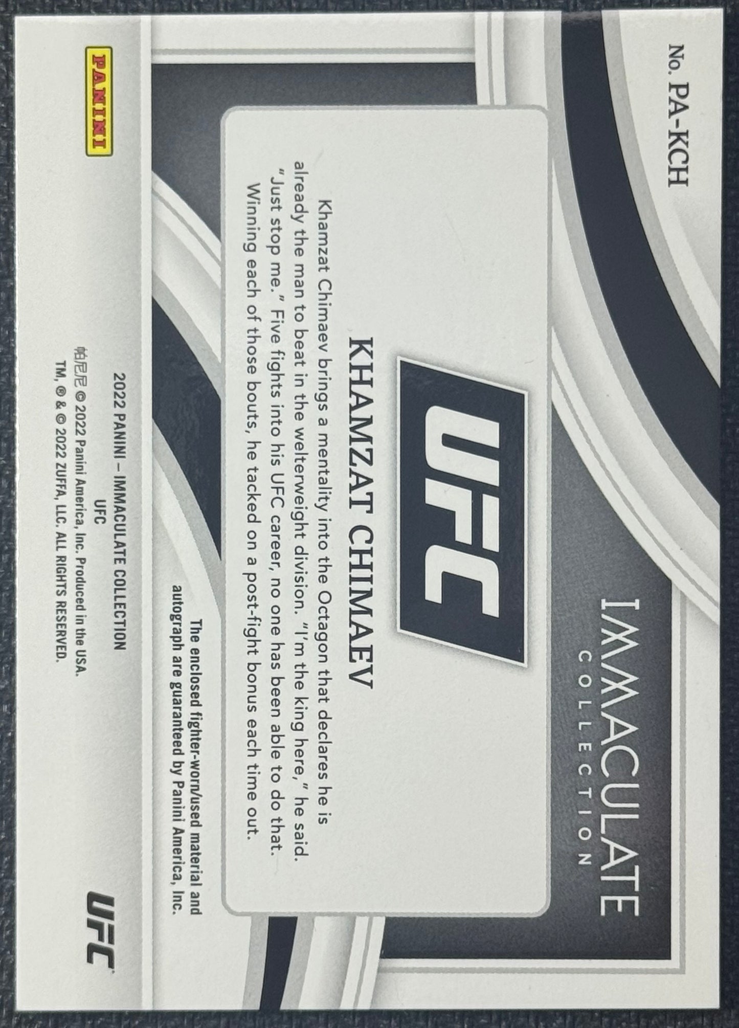2022 Immaculate Collection UFC Khamzat Chimaev Fighter Worn/Used Patch Auto #/10