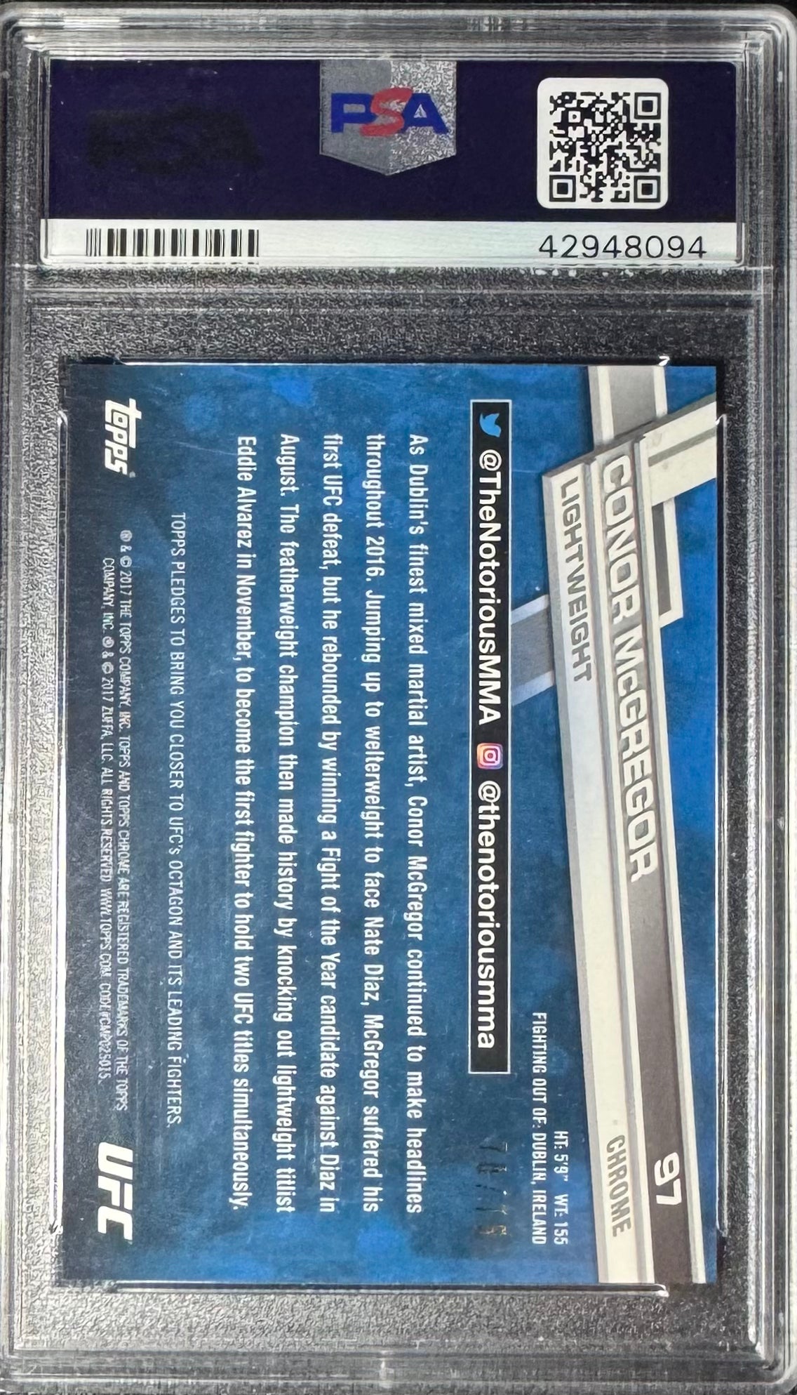 2017 Topps Chrome UFC Conor McGregor Blue Wave Refractor #/75 PSA 10