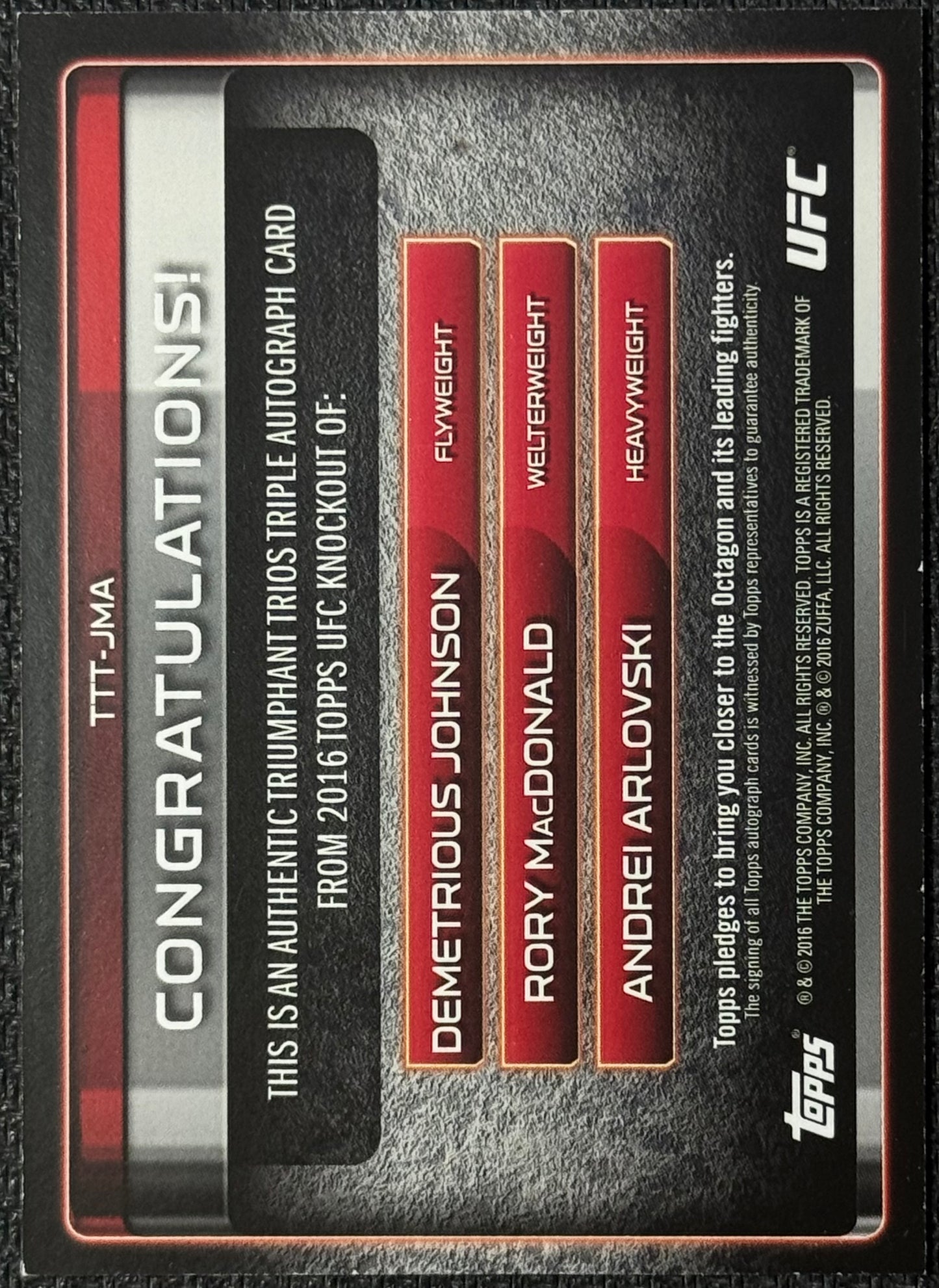2016 Topps UFC Knockout Triumphant Trios Demetrious Johnson/Rory MacDonald/Andrei Arlovski #/10