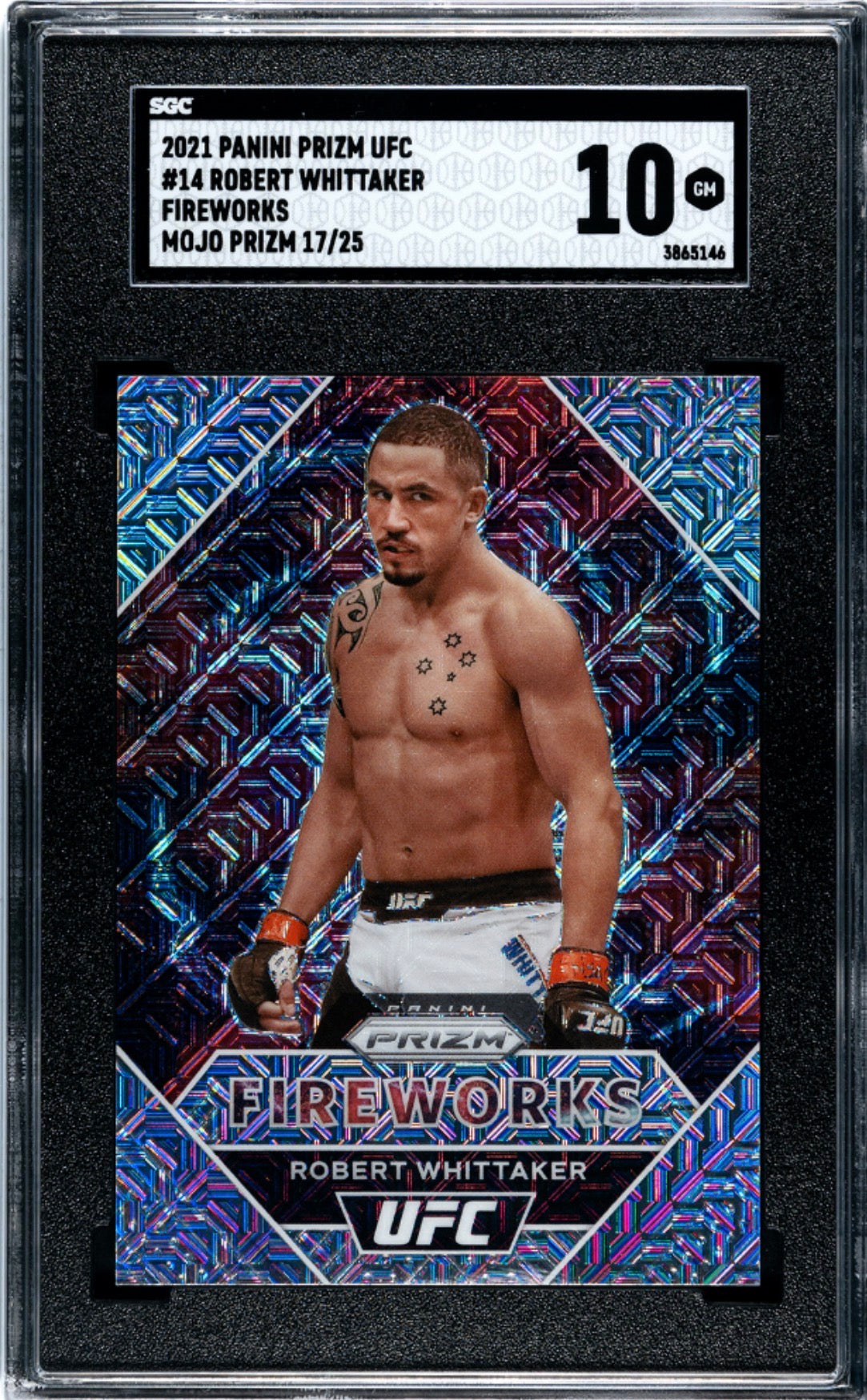 2021 Prizm UFC Robert Whittaker Fireworks Mojo #/25 SGC 10