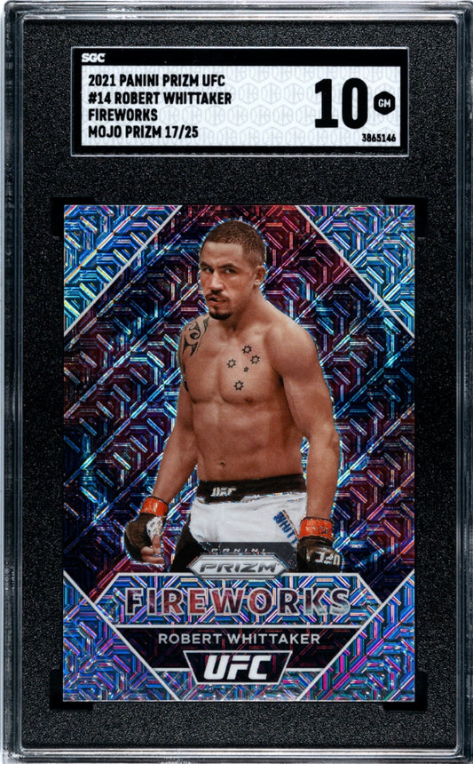 2021 Prizm UFC Robert Whittaker Fireworks Mojo #/25 SGC 10