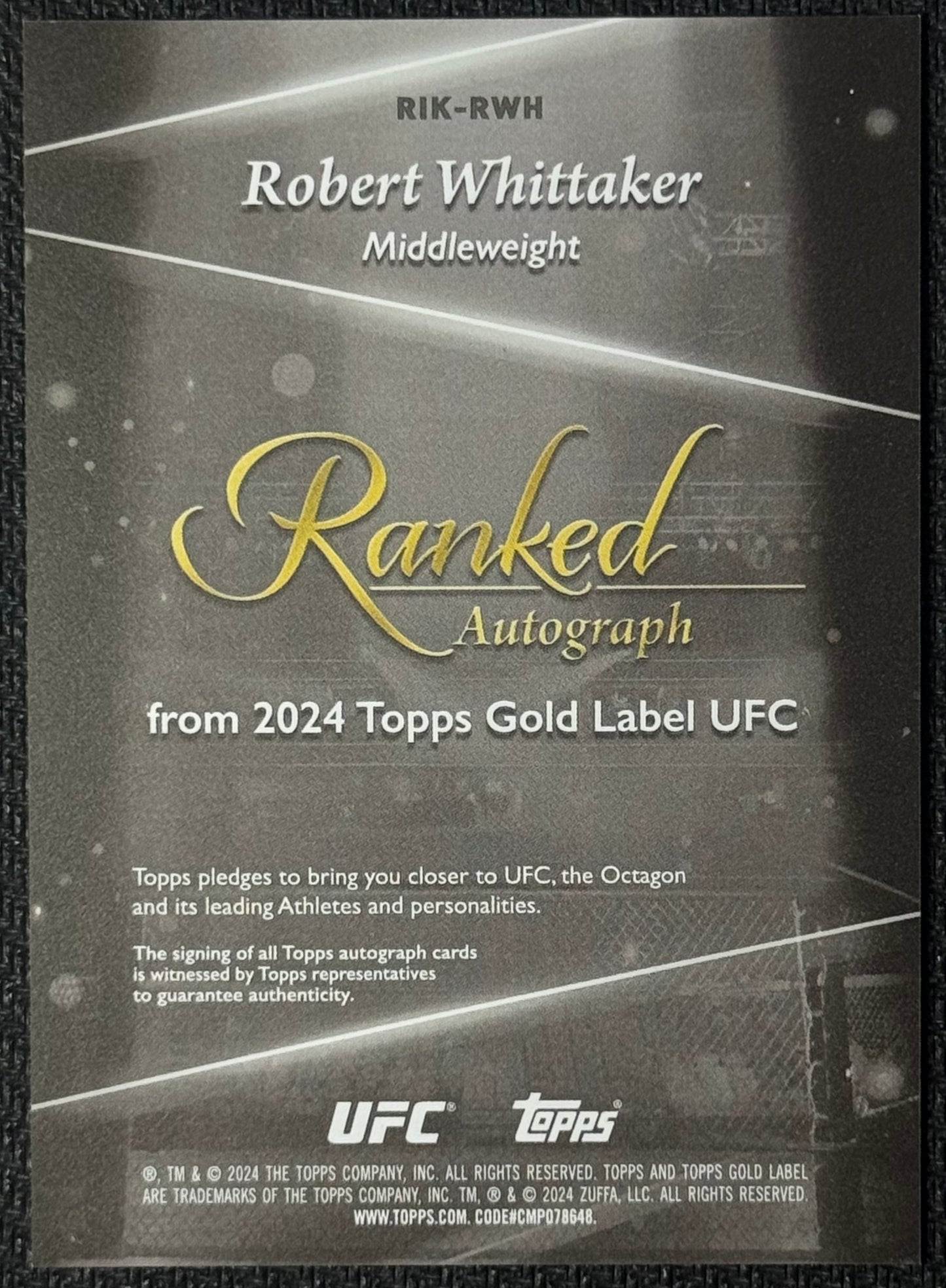 2024 Topps UFC Gold Label Robert Whittaker Ranked Autograph #/10